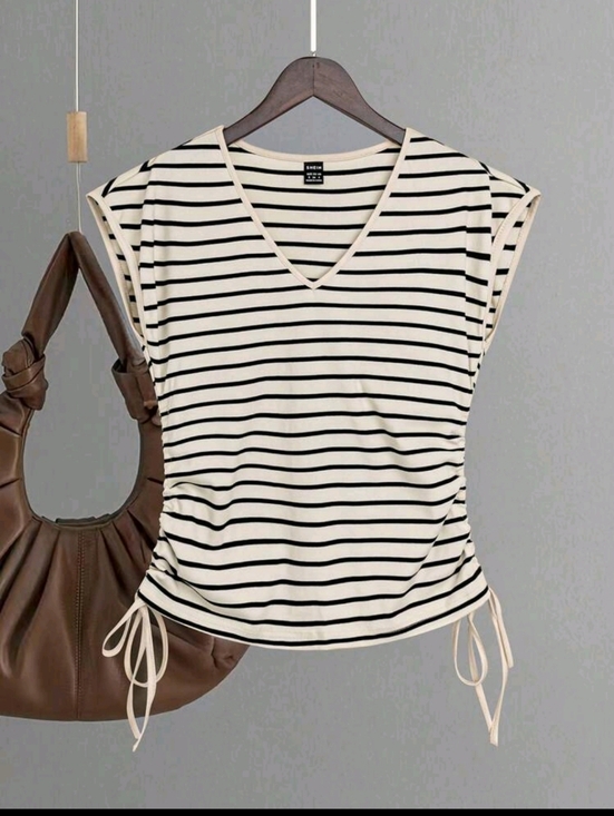 SHEIN Tops - Women's Striped V-Neck Side-Tie Top - Cream/Black